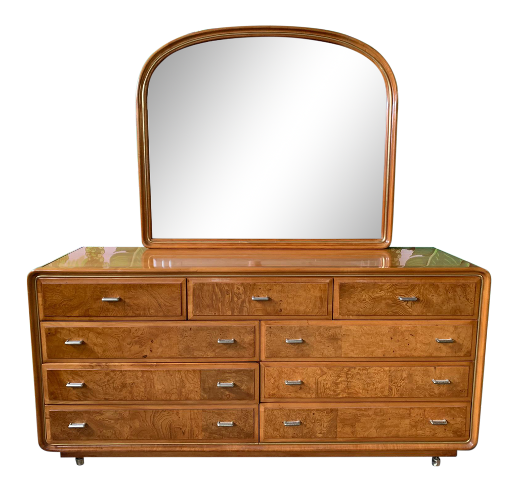 Art Deco Burl Wood Dresser And Mirror By American Of Martinsville