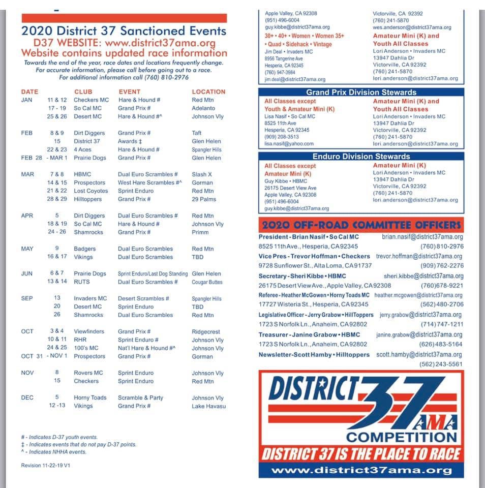 District 37 2020 Race Schedule