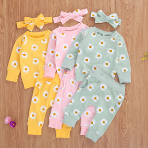 0-18M Newborn Infant Tracksuits Baby Girl Clothes 2pcs Daisy Print Long Sleeve Sweatshirts Tops Pants Headband Autumn Outfits - BabyShop18