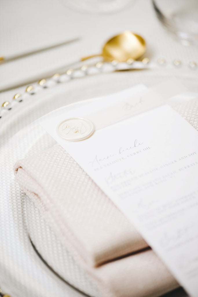 wedding stationery menus with vellum place setting and wax seals