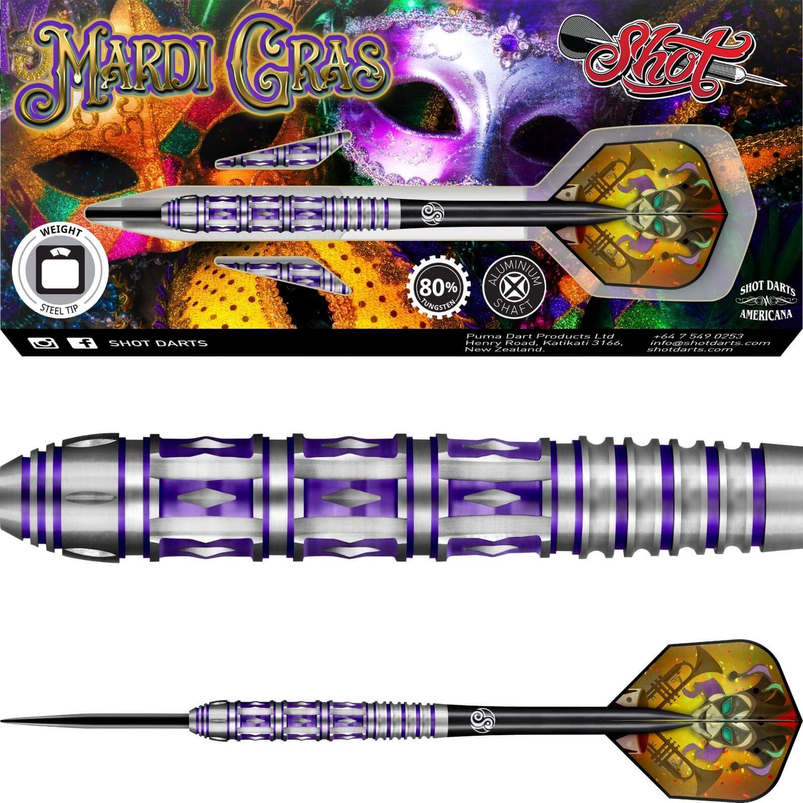 Darts - Shot - Americana Mardi Gras Darts - Steel Tip - 80% Tungsten - 23g 24g 26g 