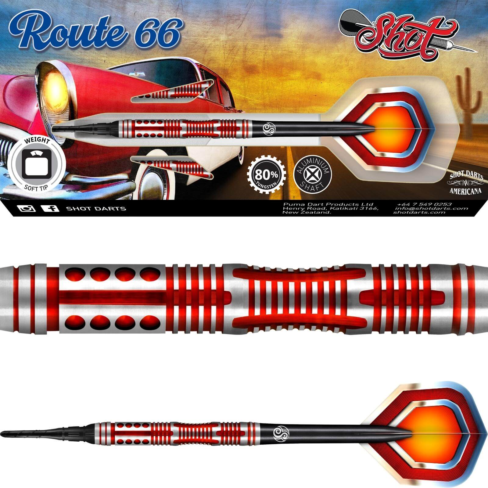 Darts - Shot - Americana Route 66 Darts - Soft Tip - 80% Tungsten - 18g 