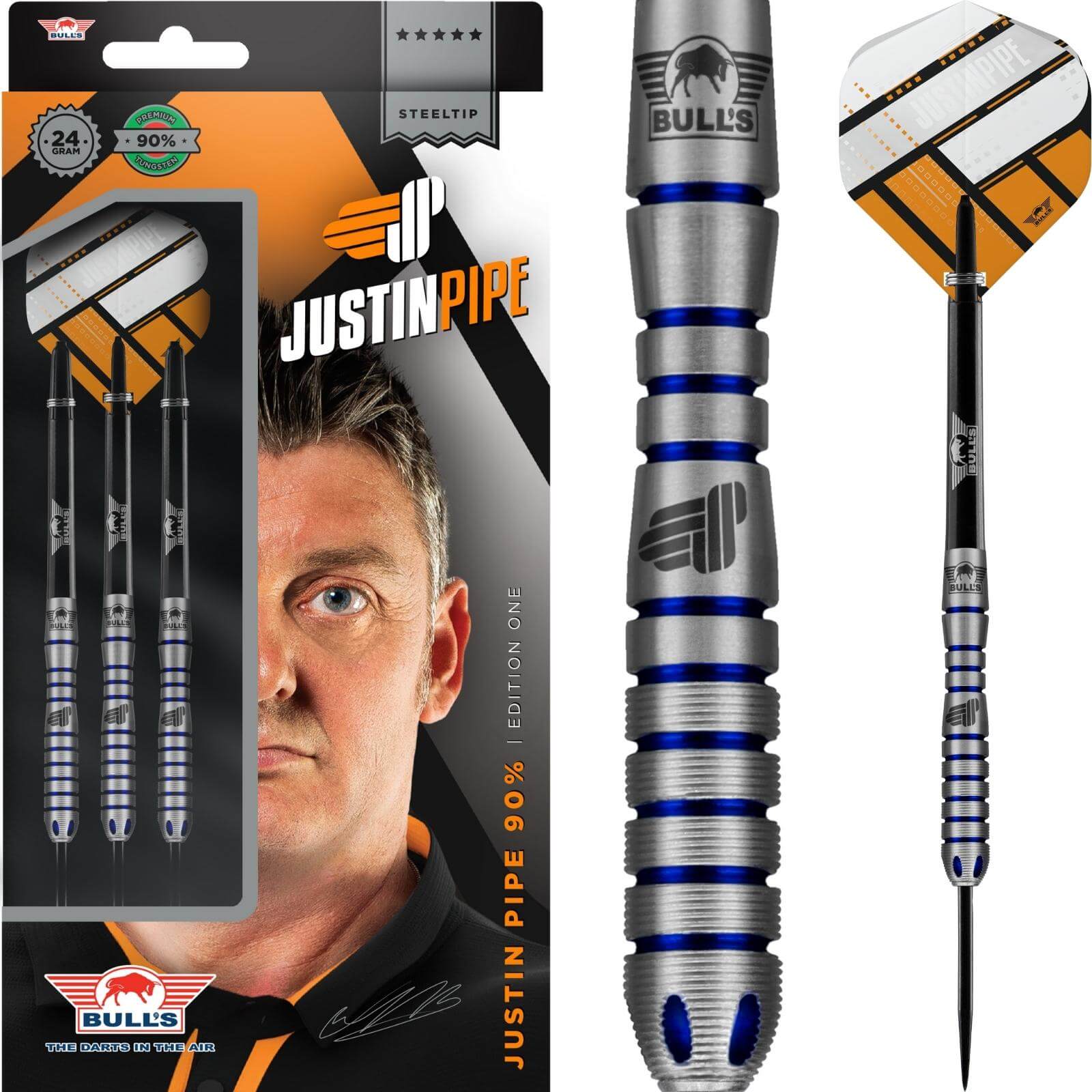 Darts - Bull's NL - Justin Pipe Darts - Steel Tip - 90% Tungsten - 22g 24g 26g 