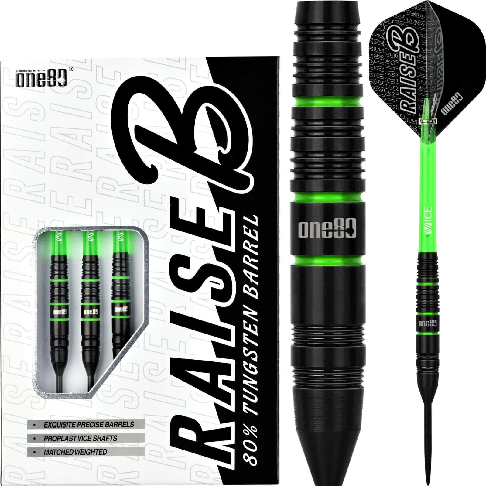 Darts - One80 - Raise B Darts - Green - Steel Tip - 80% Tungsten - 21g 23g 