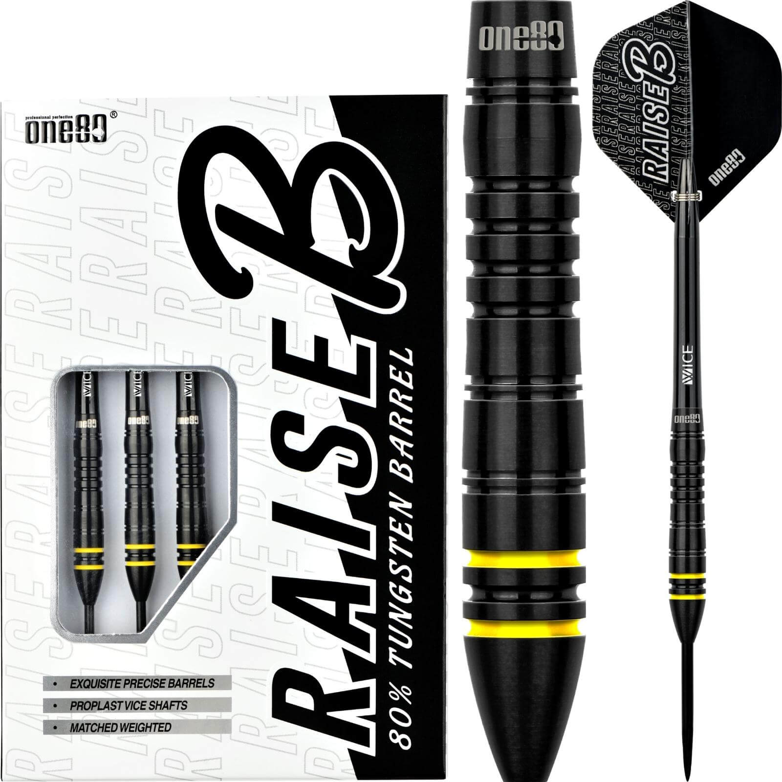 Darts - One80 - Raise B Darts - Yellow - Steel Tip - 80% Tungsten - 21g 23g 