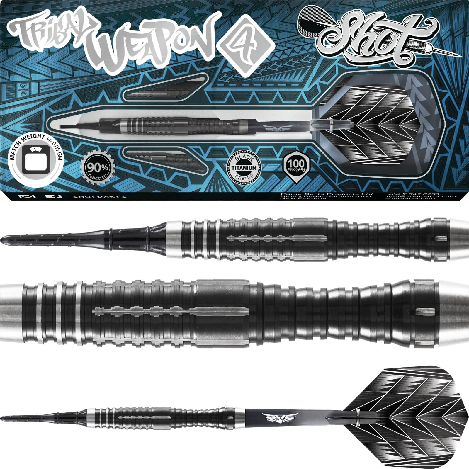 Darts - Shot - Tribal Weapon 4 Darts - Soft Tip - 90% Tungsten - 18g 20g 