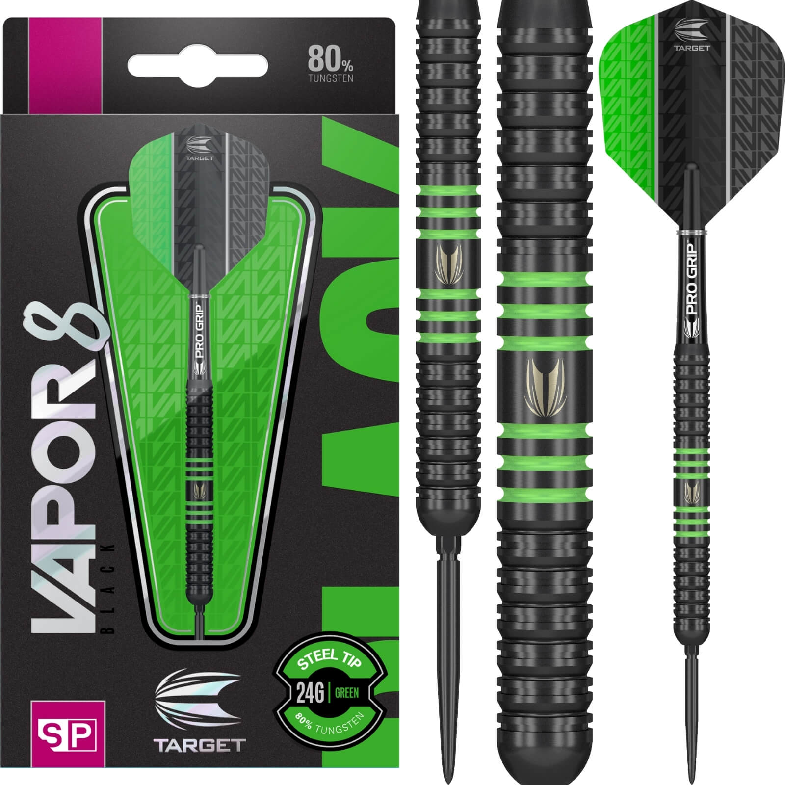 Darts - Target - Vapor 8 Black & Green Darts - Swiss Point - Steel Tip - 80% Tungsten - 22g 24g 26g 