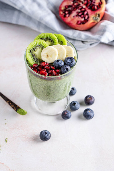 Homemade matcha pudding with fruits