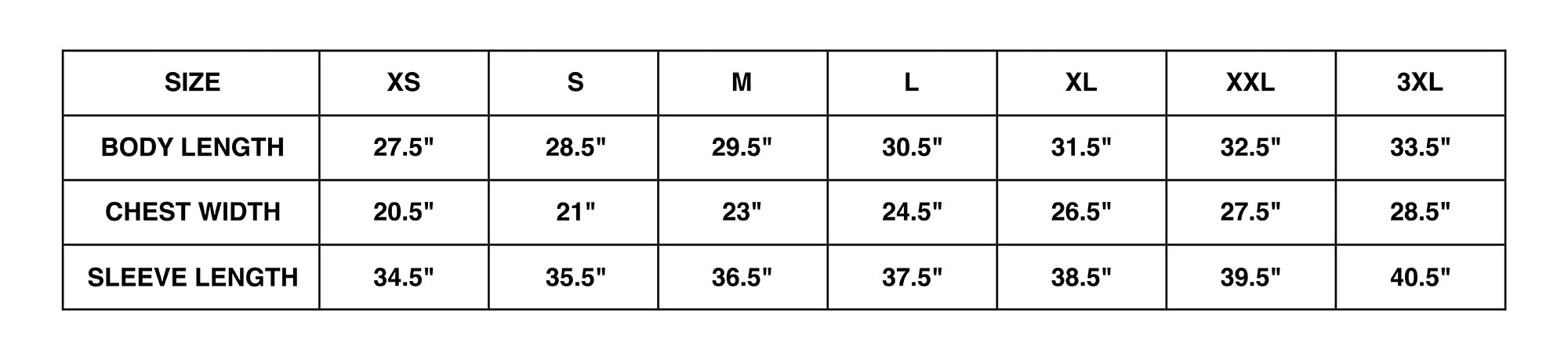 Size Chart For Hoodies