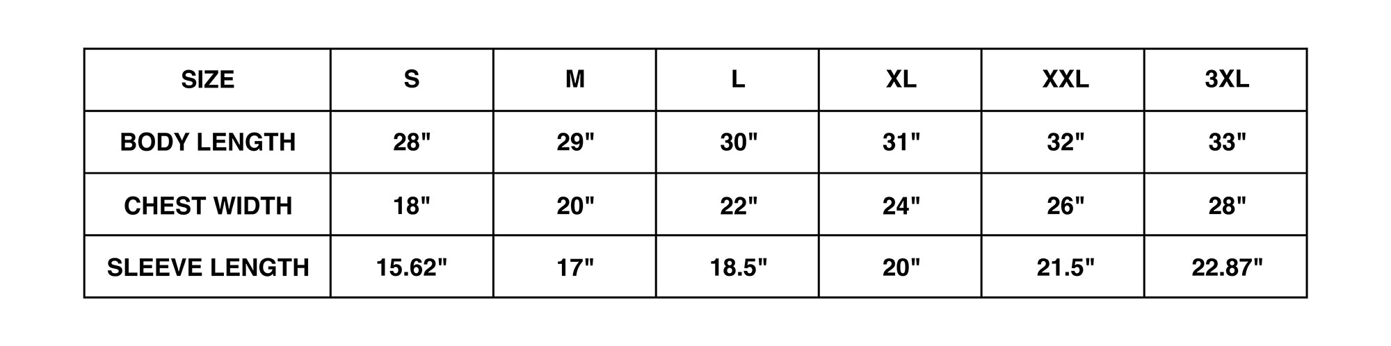 Size Chart For T-Shirts