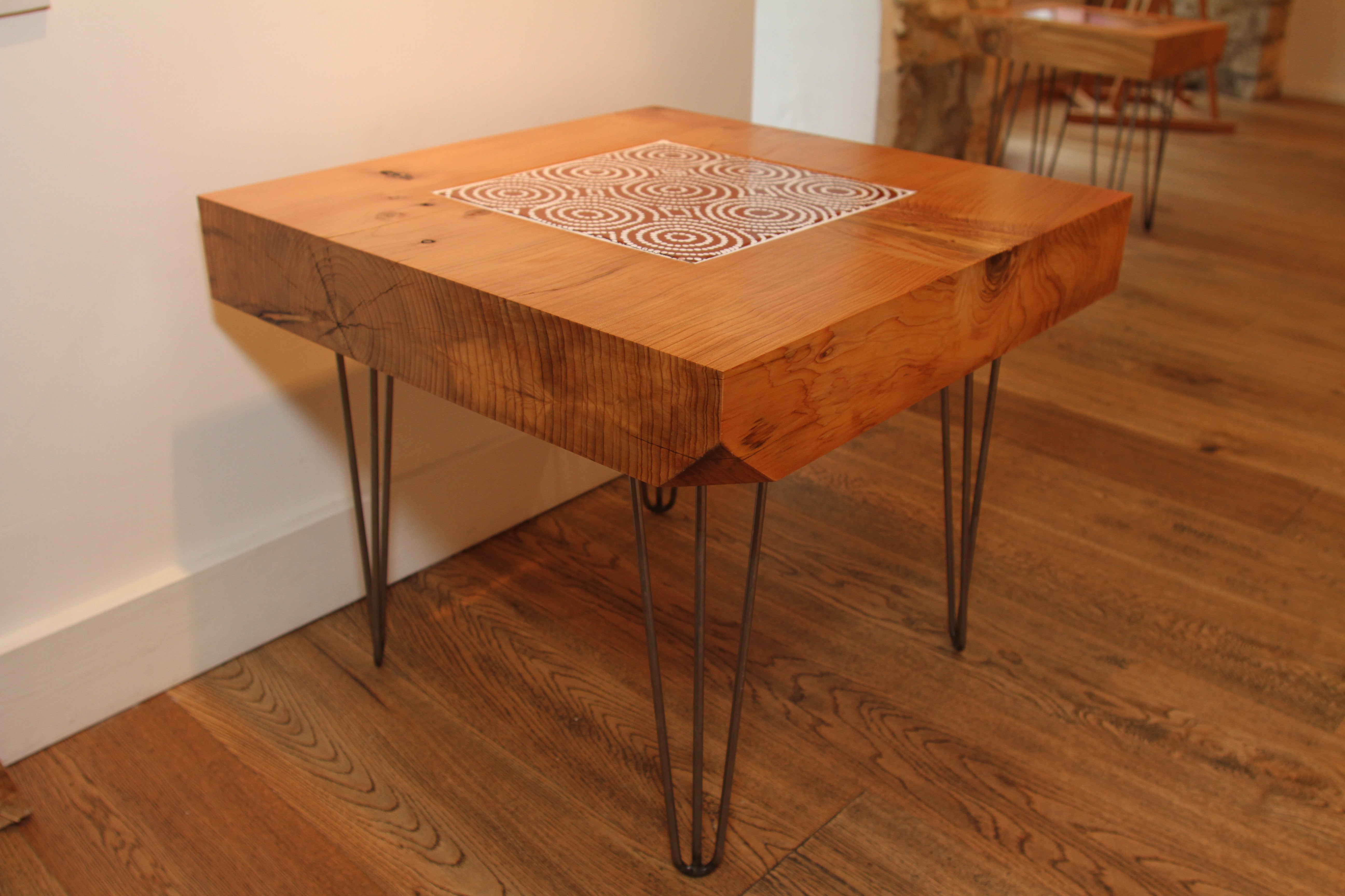 Cedar & Australian Aboriginal ceramic tile Table, hair pin legs. - The 