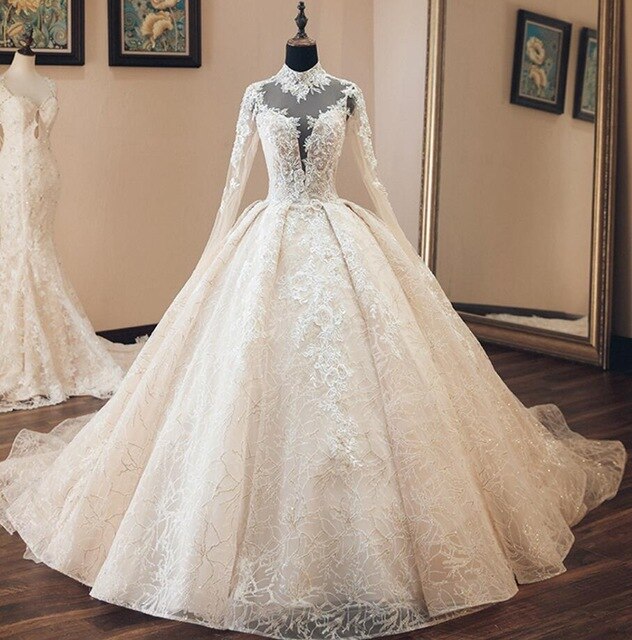 high collar long sleeve wedding dress