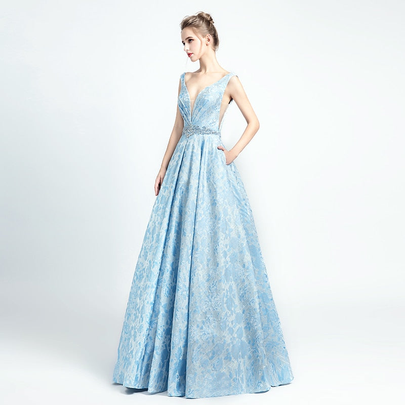 blue embroidered prom dress