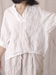 Women Summer Casual Solid Stitching V-neck Linen Shirt