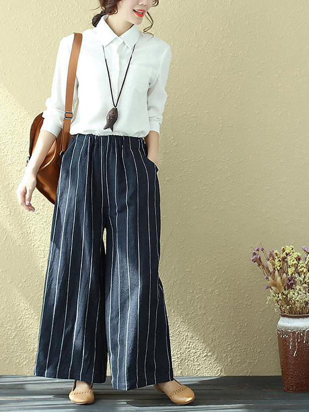 Plus Size - 100% Linen Stripes Pocket Casual Pants