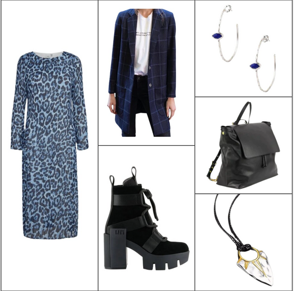 Blue windowpane blazer blue leopard print dress black lug boots black backpack Thanksgiving outfit