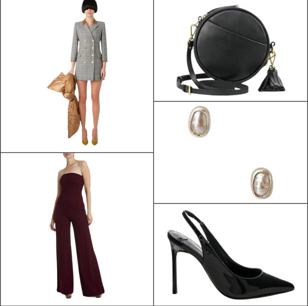 Grey plaid blazer dress black crossbody bag women's jumpsuit earrings black slingback pumps Thanksgiving outfit