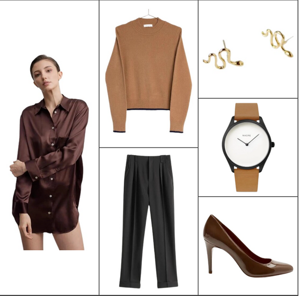 Camel sweater for women brown satin shirt black pants gold snake earrings women's watches brown heels Thanksgiving outfits