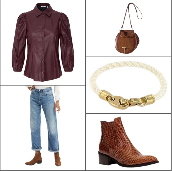 burgundy leather blouse women's jeans brown saddle bag women's brown leather booties Thanksgiving outfit