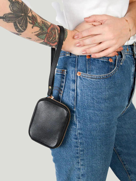 TAH Bags Leather Tech Pouch Wristlet in black