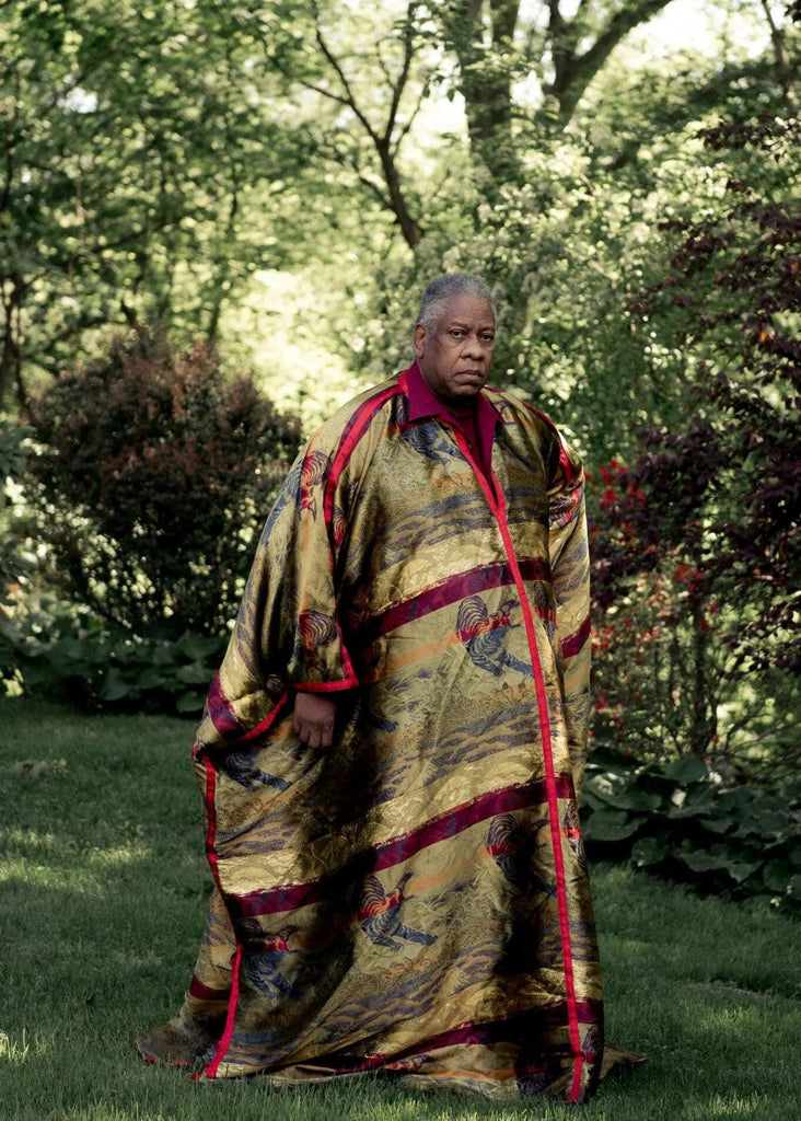 Fashion journalist Andre Leon Talley outside wearing a detailed cape African American fashion icons Black History Month boutiques in Minneapolis