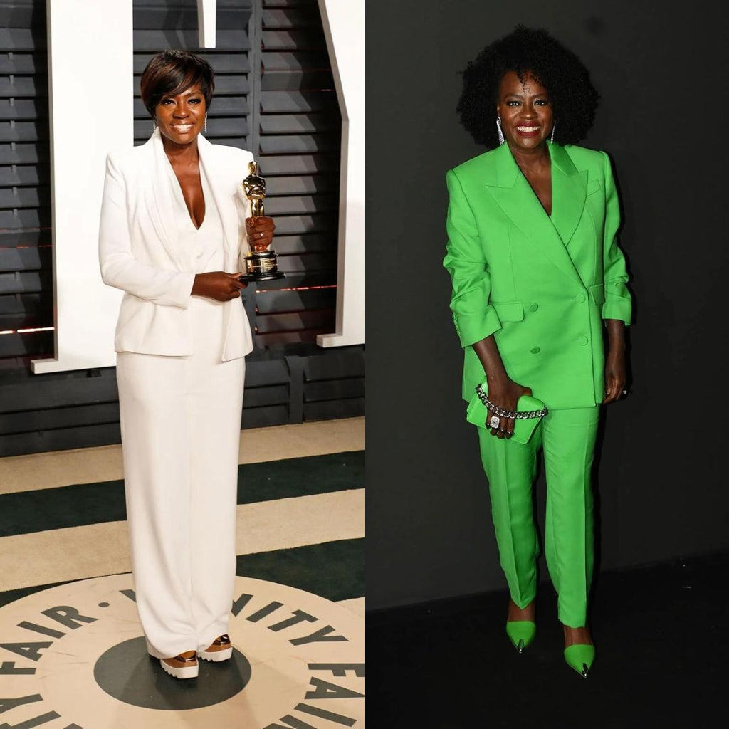 Viola Davis at Vanity Fair Oscars party in white suit and Viola Davis wearing green suit