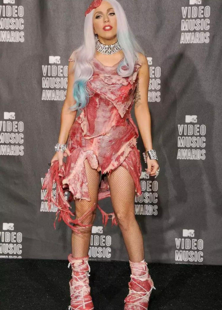 Lady Gaga wearing her meat dress at the 2010 VMA's