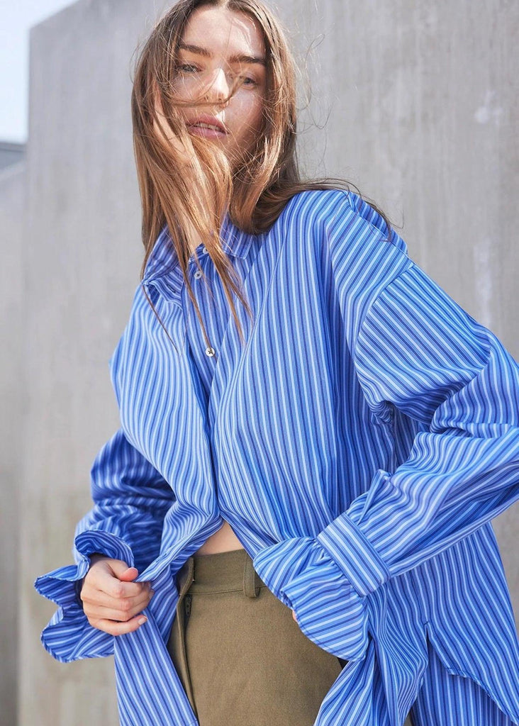 Model wearing blue Britt Sisseck shirt 