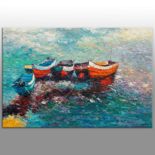 Oil Painting Fishing Boat At Sea Sunset, Wall Art, Oil Painting