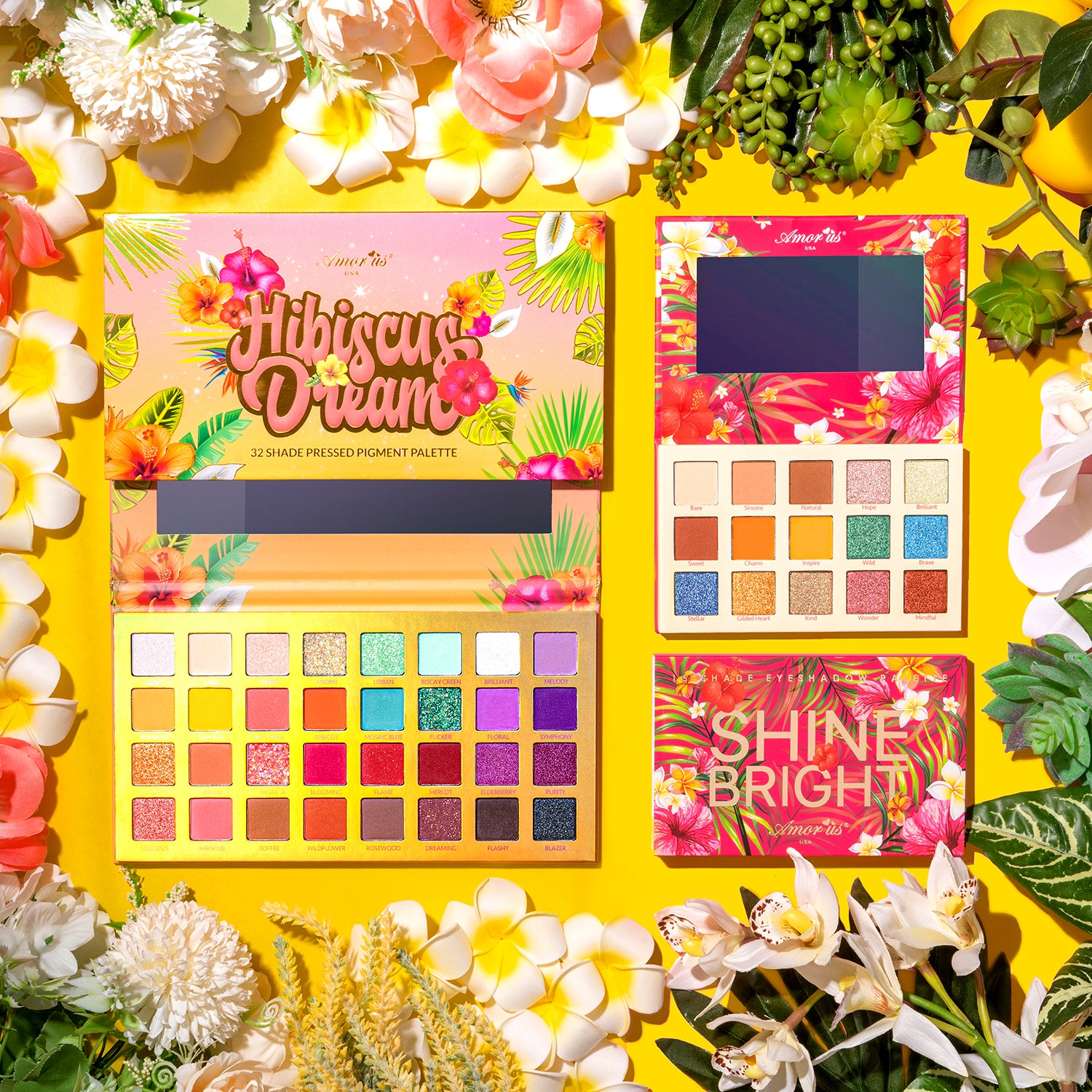 Amorus USA Tropical Daydream Summer Look Sunshine Buildable Hibiscus Dream 32 Shade Shine Bright 15 shades Pressed Pigment Palette Amor us Hibiscus Dream Shine Bright Palette Set