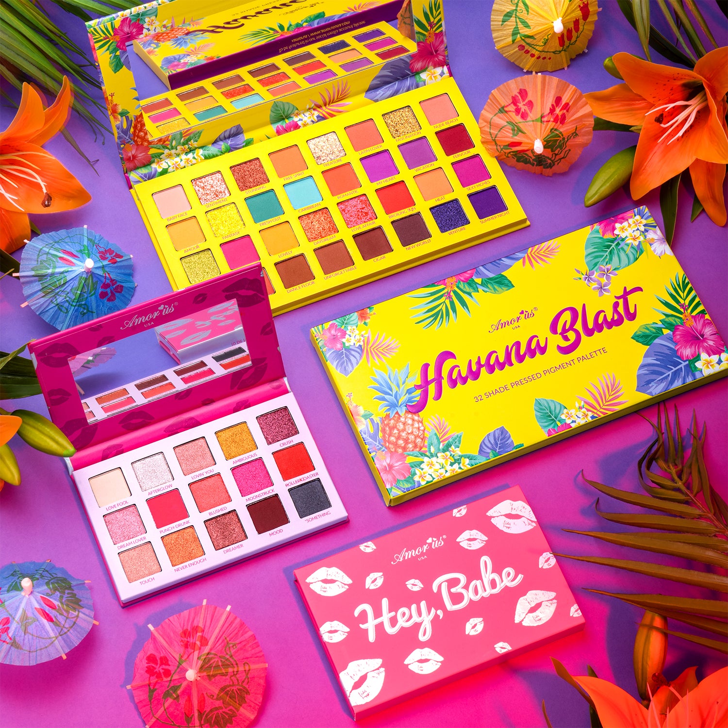 Amorus USA Caribbean Crush Summer Look Colorful Matte Bright Glitters Shimmers Spotlight Buildable Havana Black 32 Shade Hey Babe 15 shades Pressed Pigment Palette Amor us Havana Hey Babe Palette Set