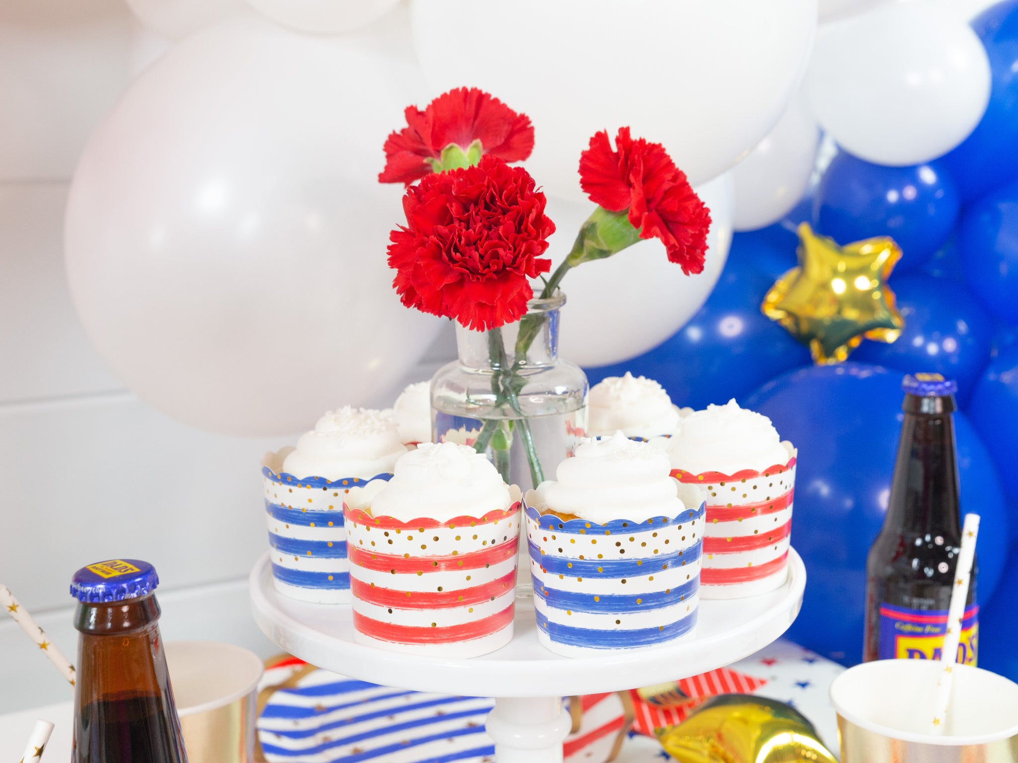 Blue and Red Baking Cups with Cupcakes