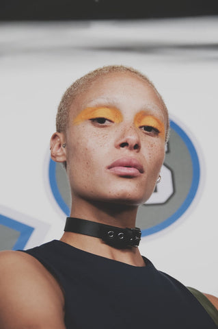 Adwoa Aboah backstage Versus versace lfw orange eyes beauty roundup