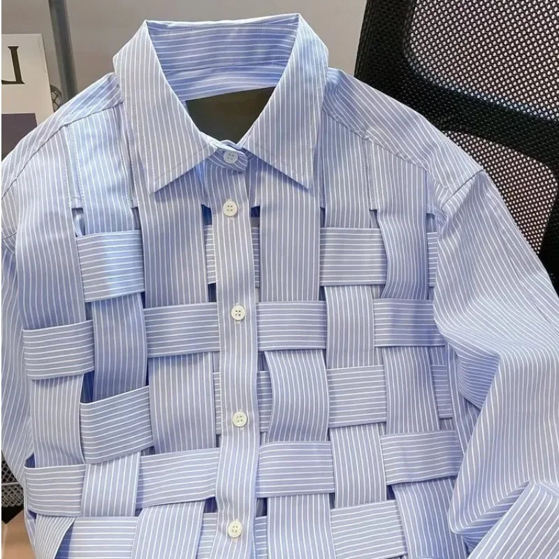 Weaved Blue Striped Button Up