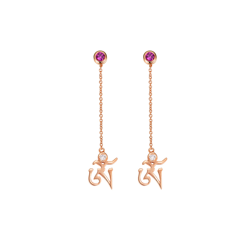 YOUNG BY DILYS' Rose Gold Om Earrings in Pink Sapphire and White Diamond