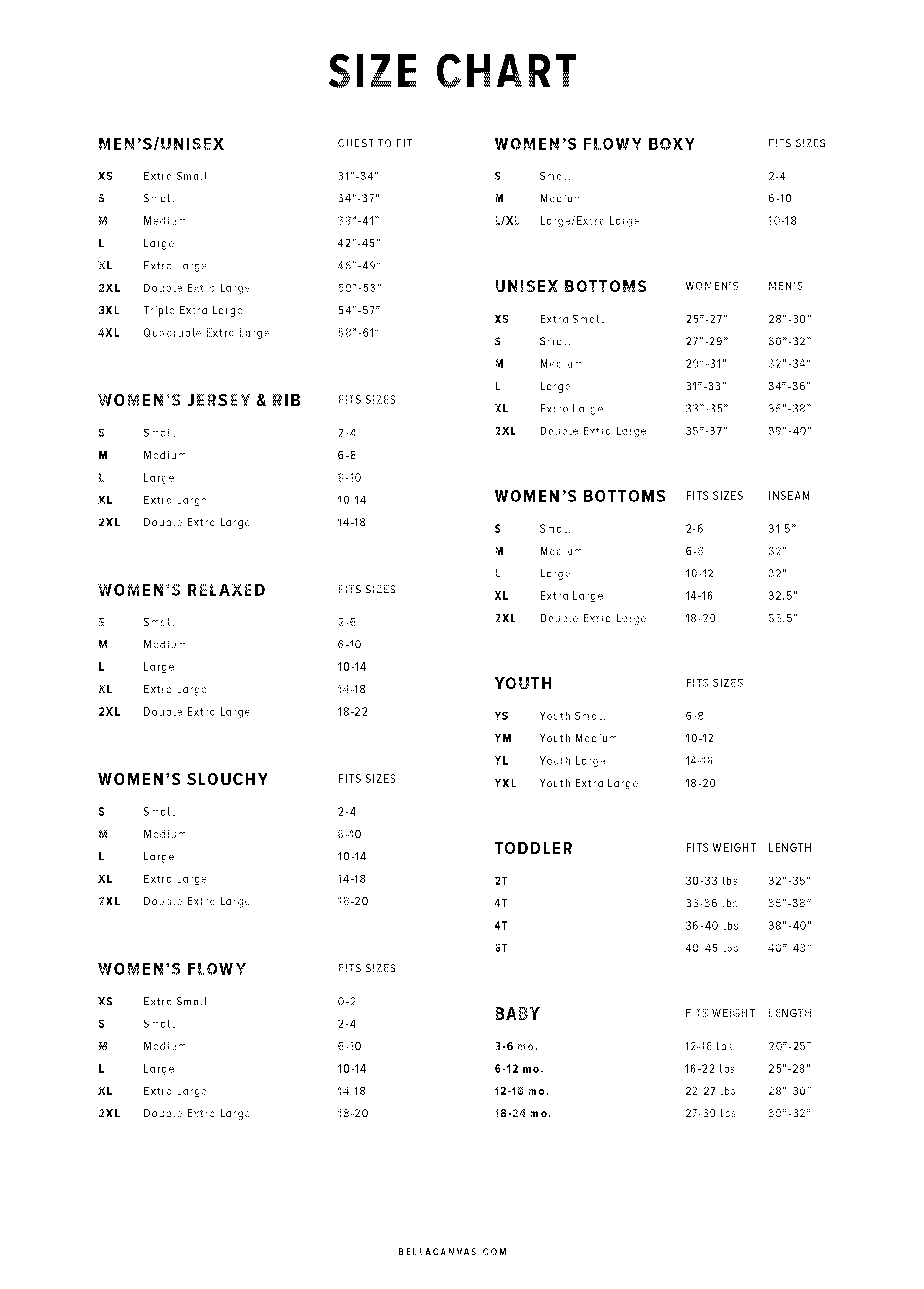 BellaCanvas Sizing Chart at New Creations by Jen