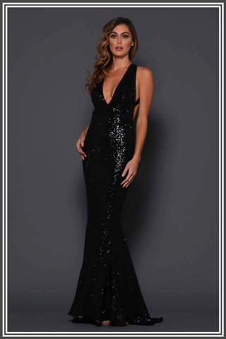 Elle Zeitoune Garrett Gown Maxi Dress in Black Sequin