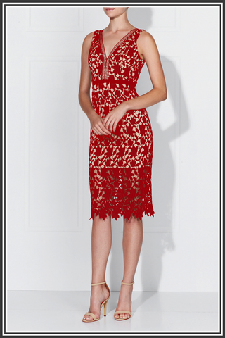 Karla Lace Dress - Scarlet / Nude