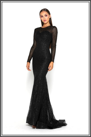 Khloe Glitter Mesh Gown - Black