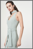 Keyhole Tie Belt Double Split Midi Dress - Sage Green