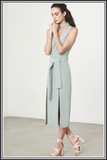 Keyhole Tie Belt Double Split Midi Dress - Sage Green