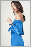 Tie Cuff Bardot Midi Dress - Cereulean Blue