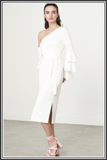 Ruffle Sleeve Asymmetric Dress in White - White