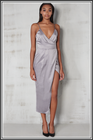 Satin Wrap Long Dress - Silver