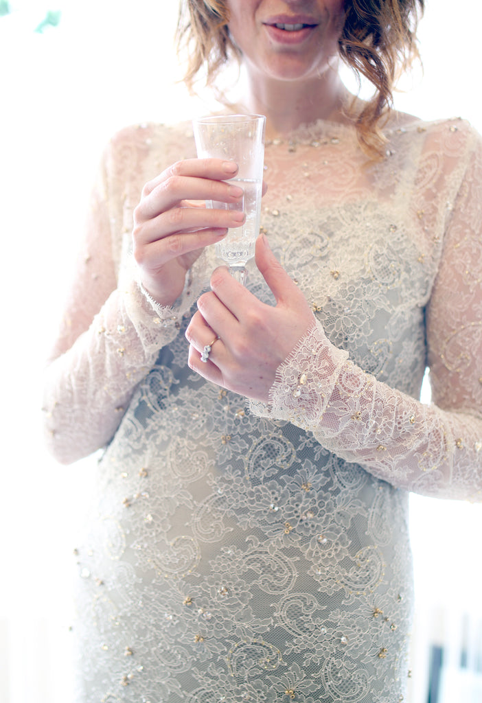 beaded gold lace long sleeve wedding dress by Alexandra King 