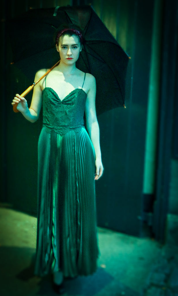 emerald green pleated dress by alexandra king