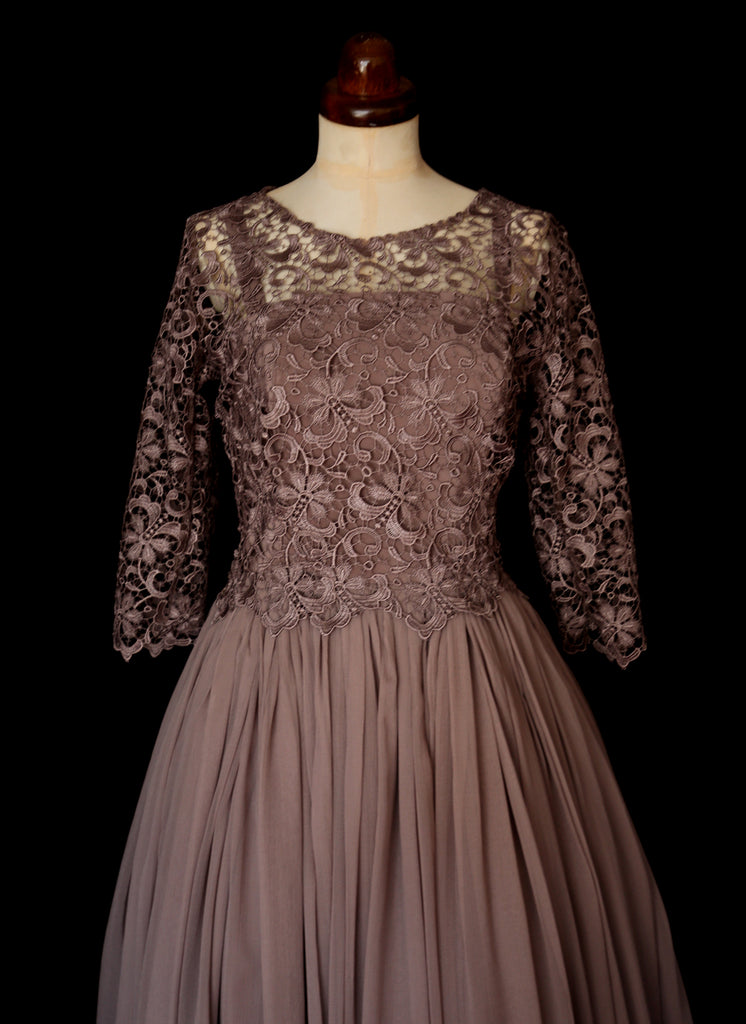 taupe lace chiffon 1950s style dress by alexandra king