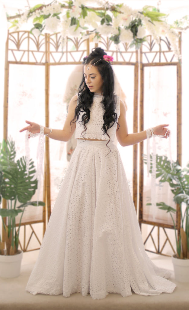 broderie anglaise white cotton two piece boho wedding dress by alexandra king