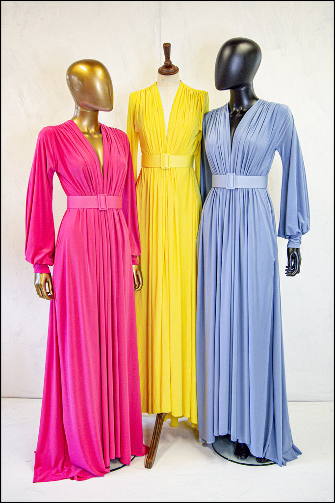 Luxury one of a king maxi dress in pink blue yellow by Alexandra King Made in England