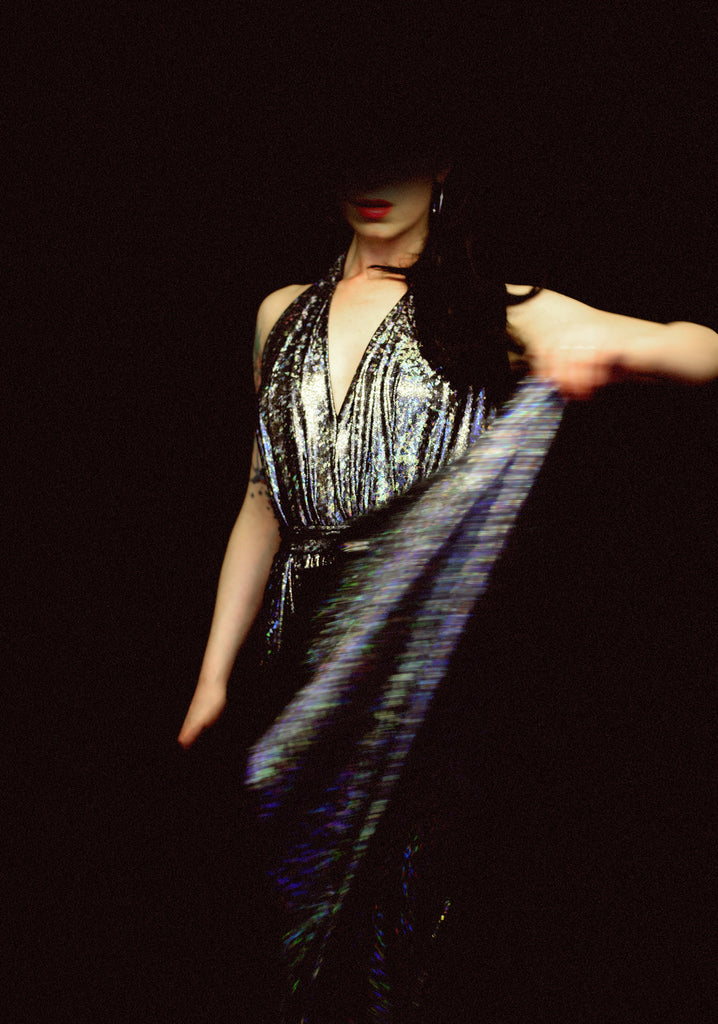 holographic halter dress by alexandra king